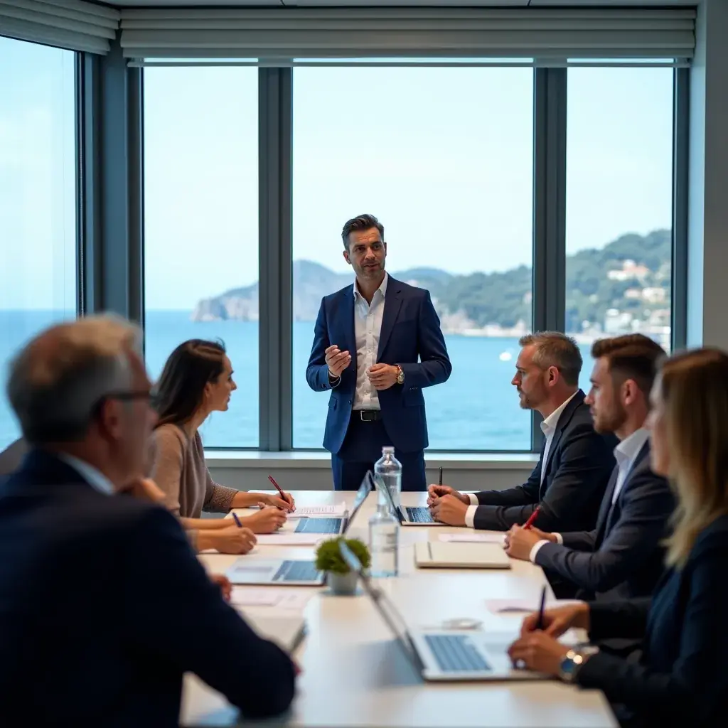 Consulente che analizza la struttura aziendale in un ufficio moderno